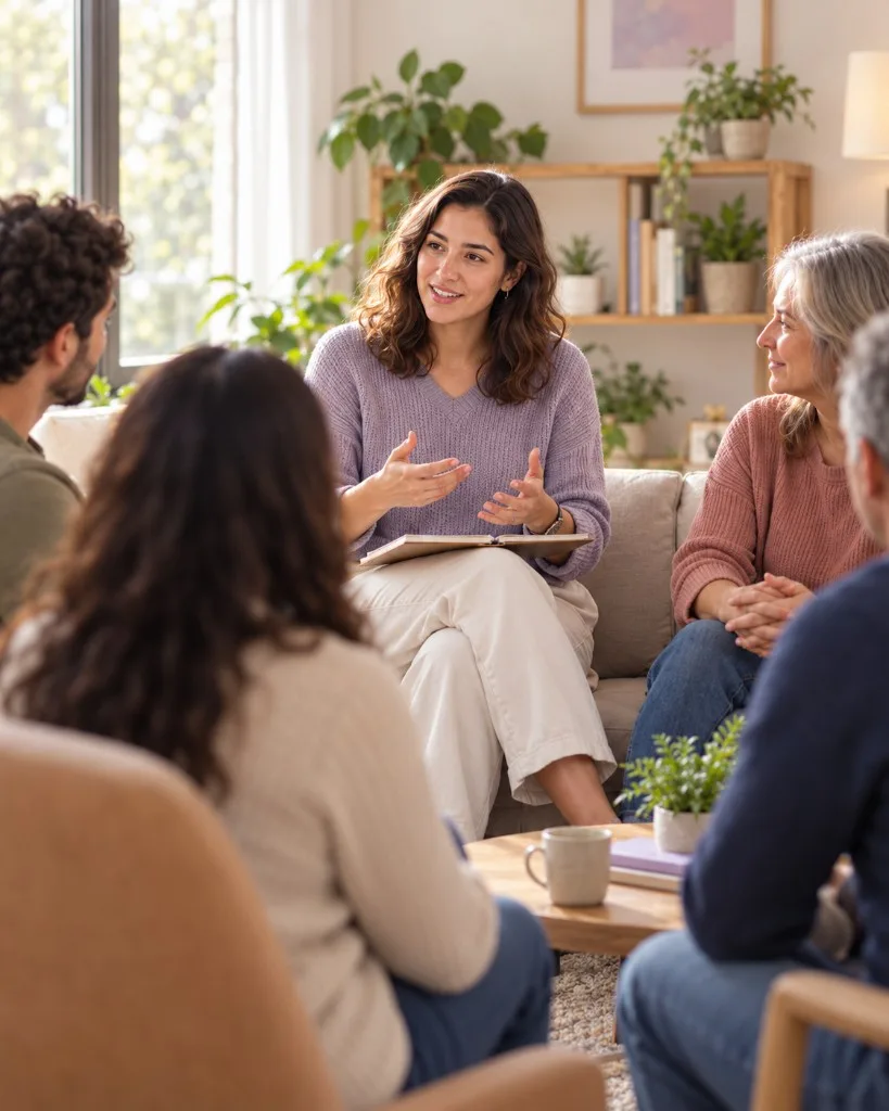 Profesional de la salud orientando a un grupo durante una conversación